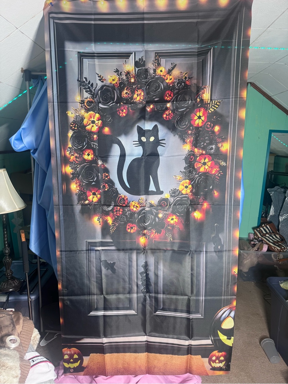 Black Cat Halloween Door Banner - Home Wall Decor 34x72 in